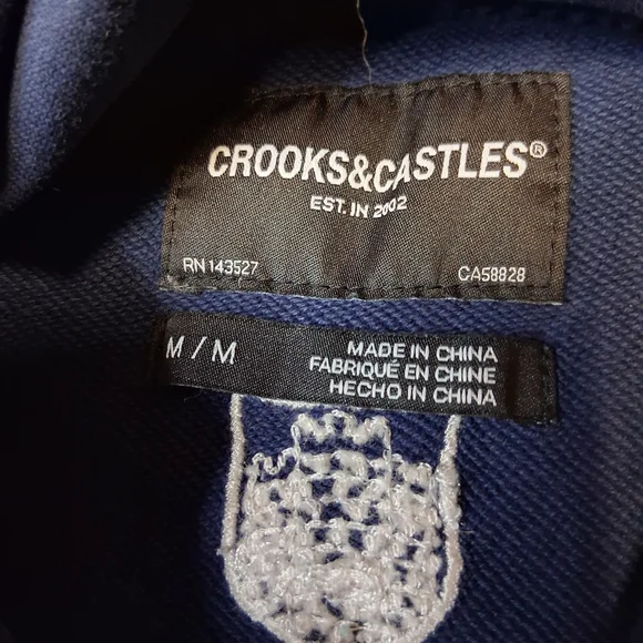 Crooks & Castles Navy Hoodie with White Branded Sleeve Tape - Picture 5 of 5